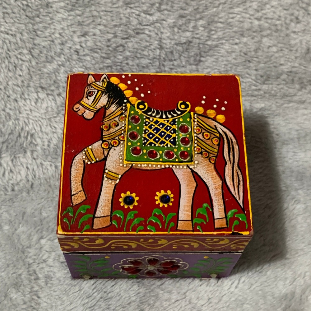 World Market Hand Painted Horse Jewelry Trinket Box Mango Wood India Gem Accents